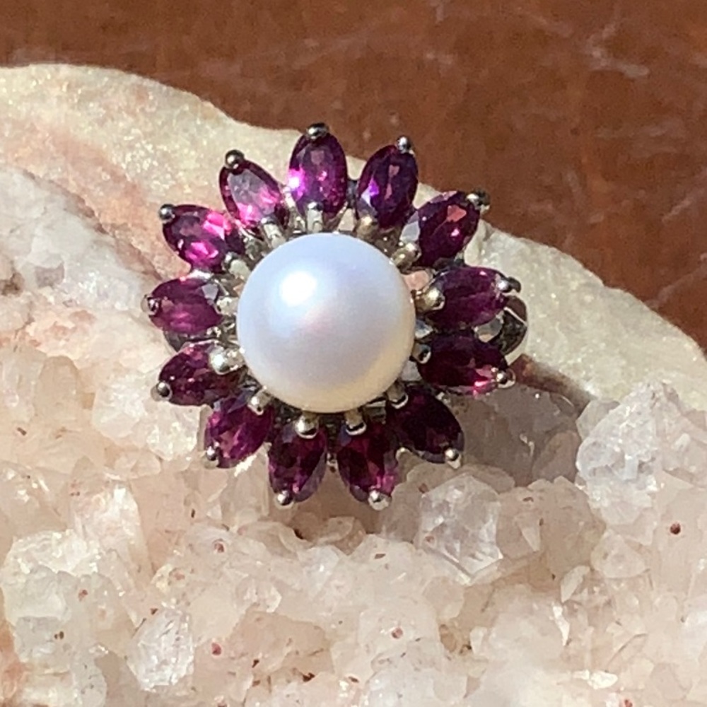 PEARL & RHODOLITE 925 STERLING SILVER RING, SIZE 7